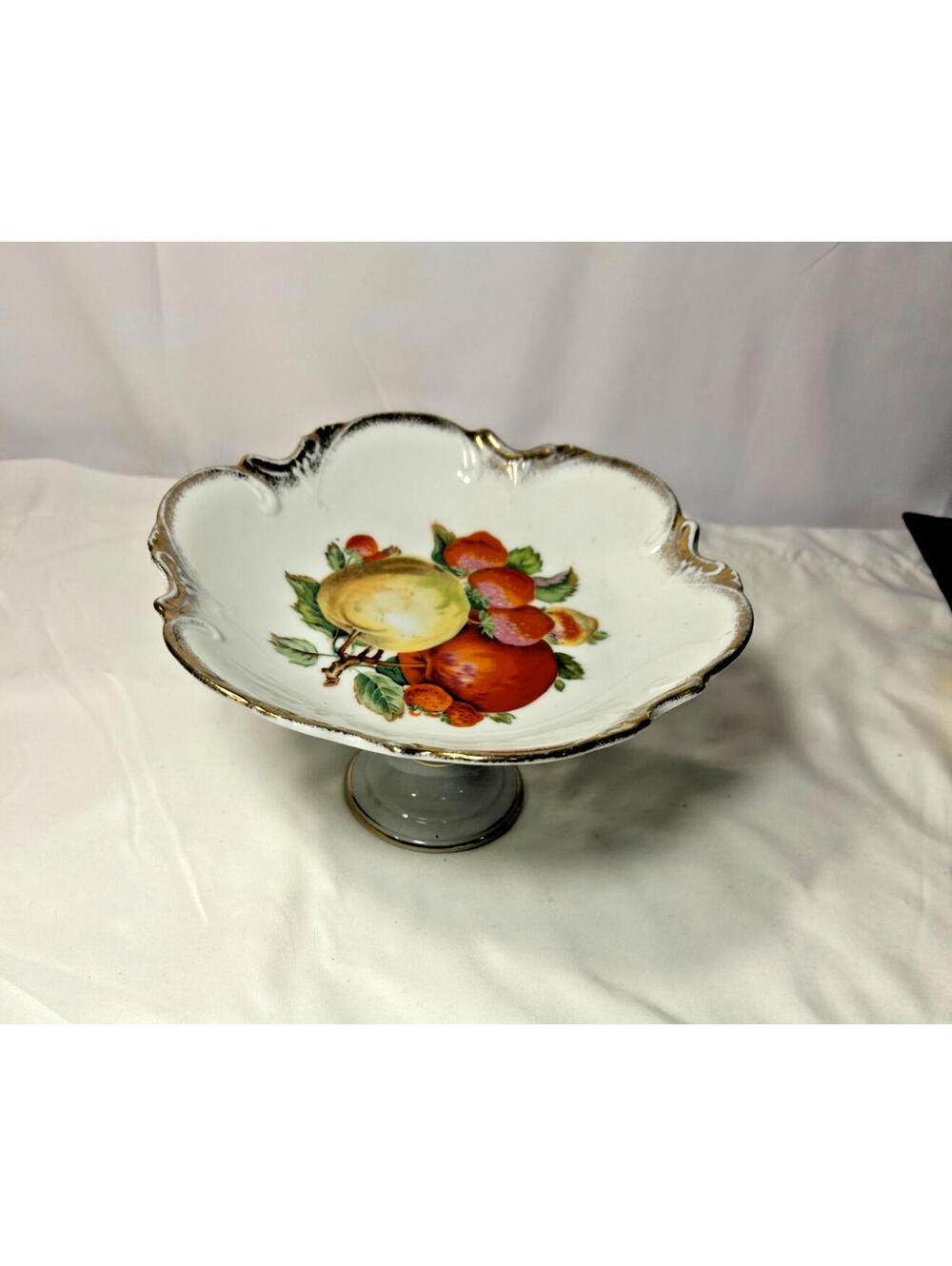 Vintage Japan Porcelain Pedestal Compote Dish Fruit Motif Gold Trim 7.5"